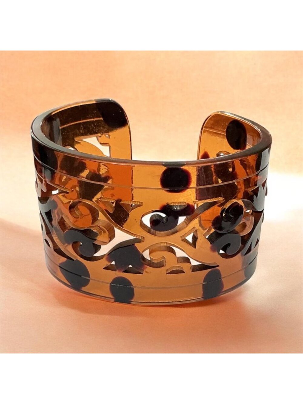 Vintage Faux Tortoise Shell Bangle Bracelet Cuff With Cut-Out Scroll Design Smal
